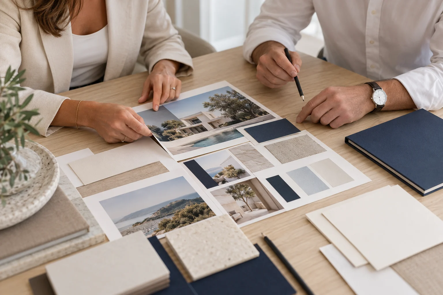 Échange autour de planches de marque, de photographies immobilières et de palettes de couleurs