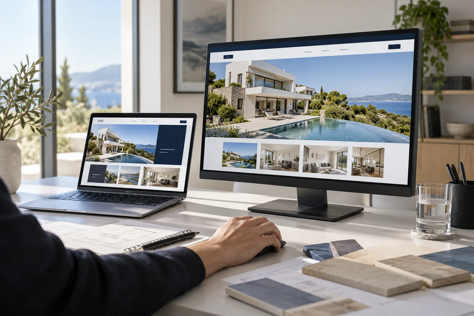 Poste de travail présentant un site immobilier sur ordinateur et écran
